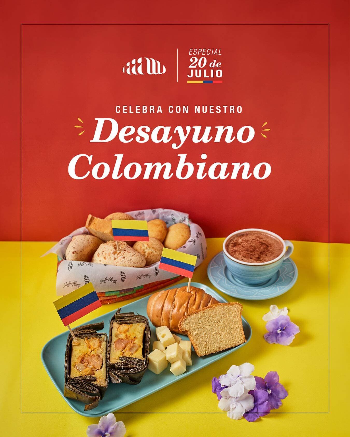 Desayuno ColombianoCalentado con arepa, huevos pericos y chocolate caliente.